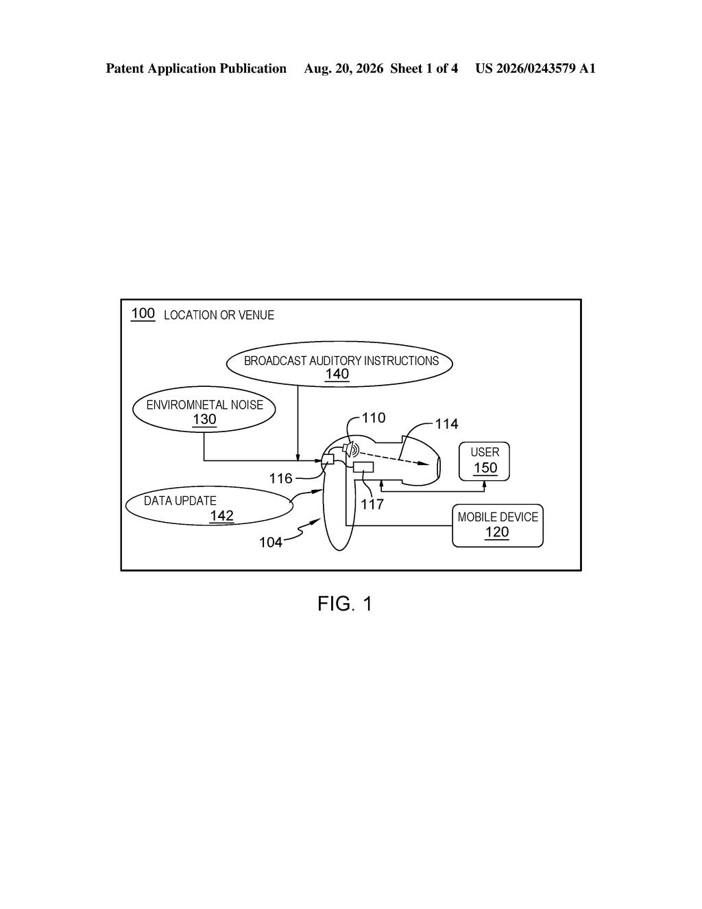 An AI-enabled earpiece captures garbled public announcements and environmental noise, reprocessing the audio to deliver clear navigation cues to a user. Drawing from patent filing US 2026/0243579 A1.