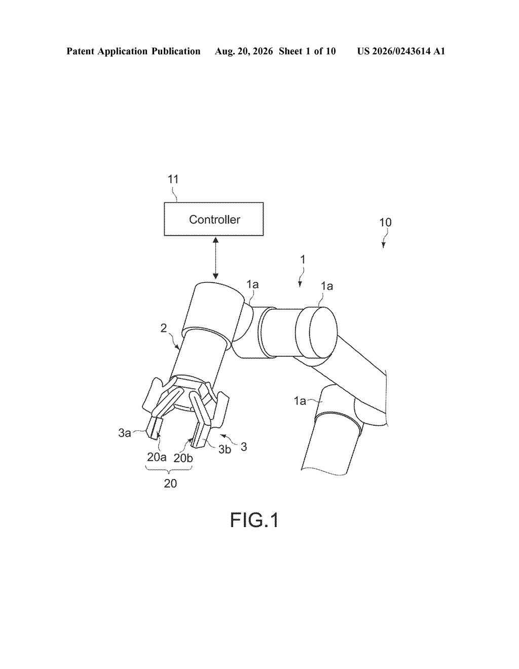 A robotic arm equipped with tactile sensor skins on its gripping fingers, controlled by an external computer system. Drawing from patent filing US 2026/0243614 A1.
