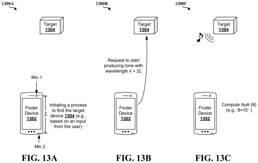 A smartphone locating a nearby target device by requesting it to emit a specific sound wave and calculating its direction using built-in microphones. Drawing from patent filing US 2026/0243863 A1.