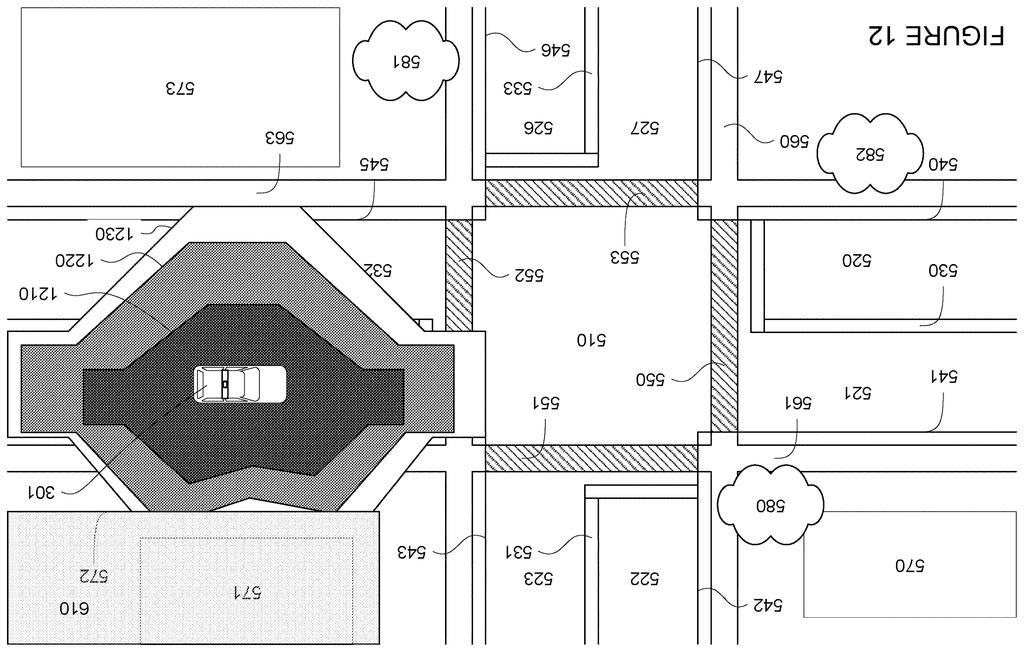Autonomous vehicle navigating a street intersection while mapping out its sensor coverage zones and blind spots around surrounding buildings. Drawing from patent filing US 2026/0243892 A1.