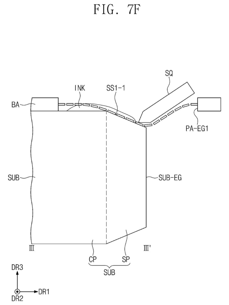A shaped squeegee blade bends to follow the sloped edge of a display screen substrate, spreading ink evenly over the corner. Drawing from patent filing US 2026/0243924 A1.