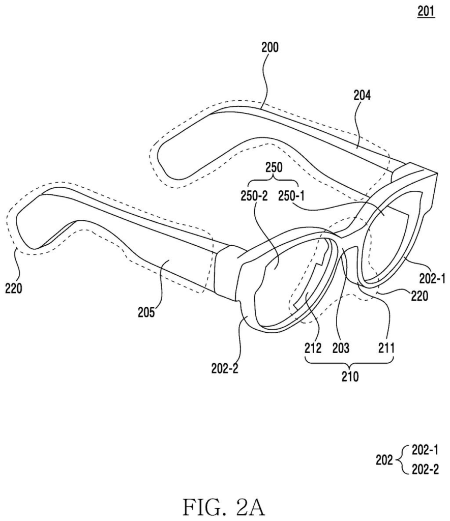 Perspective view of smart glasses showing the frame, lenses, and temple arms. Drawing from patent filing US 2026/0244015 A1.