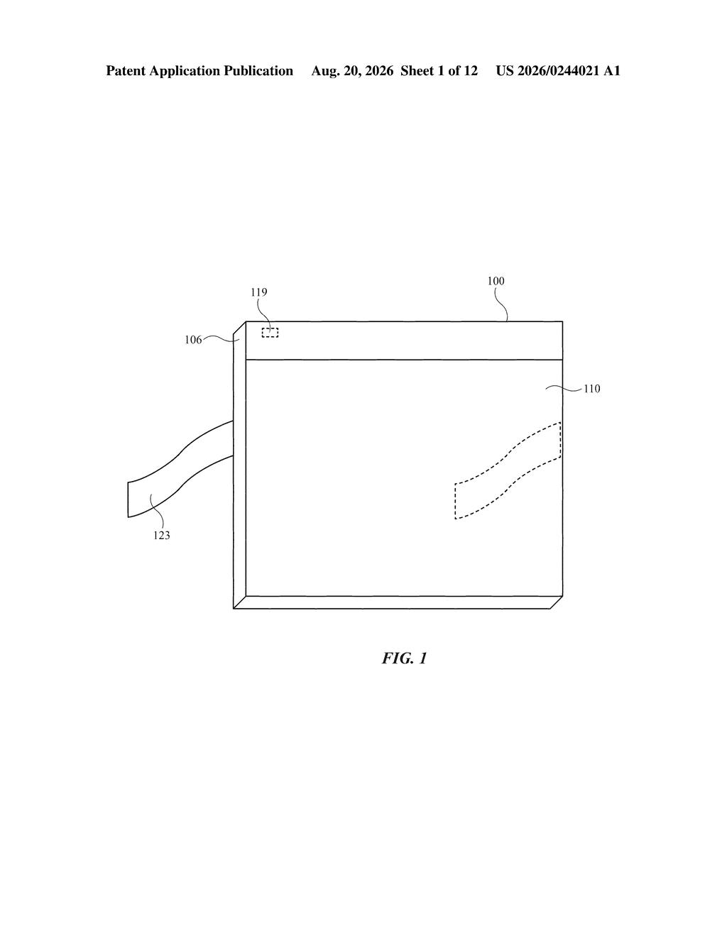Perspective view of the augmented reality headset with a strap and sensor. Drawing from patent filing US 2026/0244021 A1.
