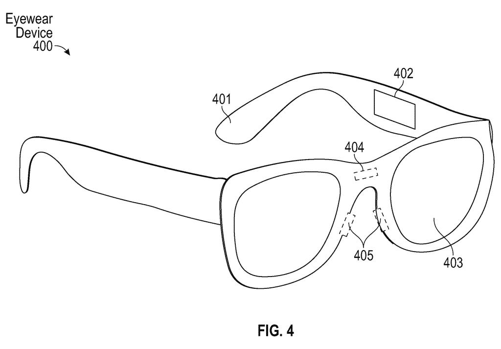 Smart eyewear frame featuring integrated skin-contact sensors for data transfer. Drawing from patent filing US 2026/0244025 A1.
