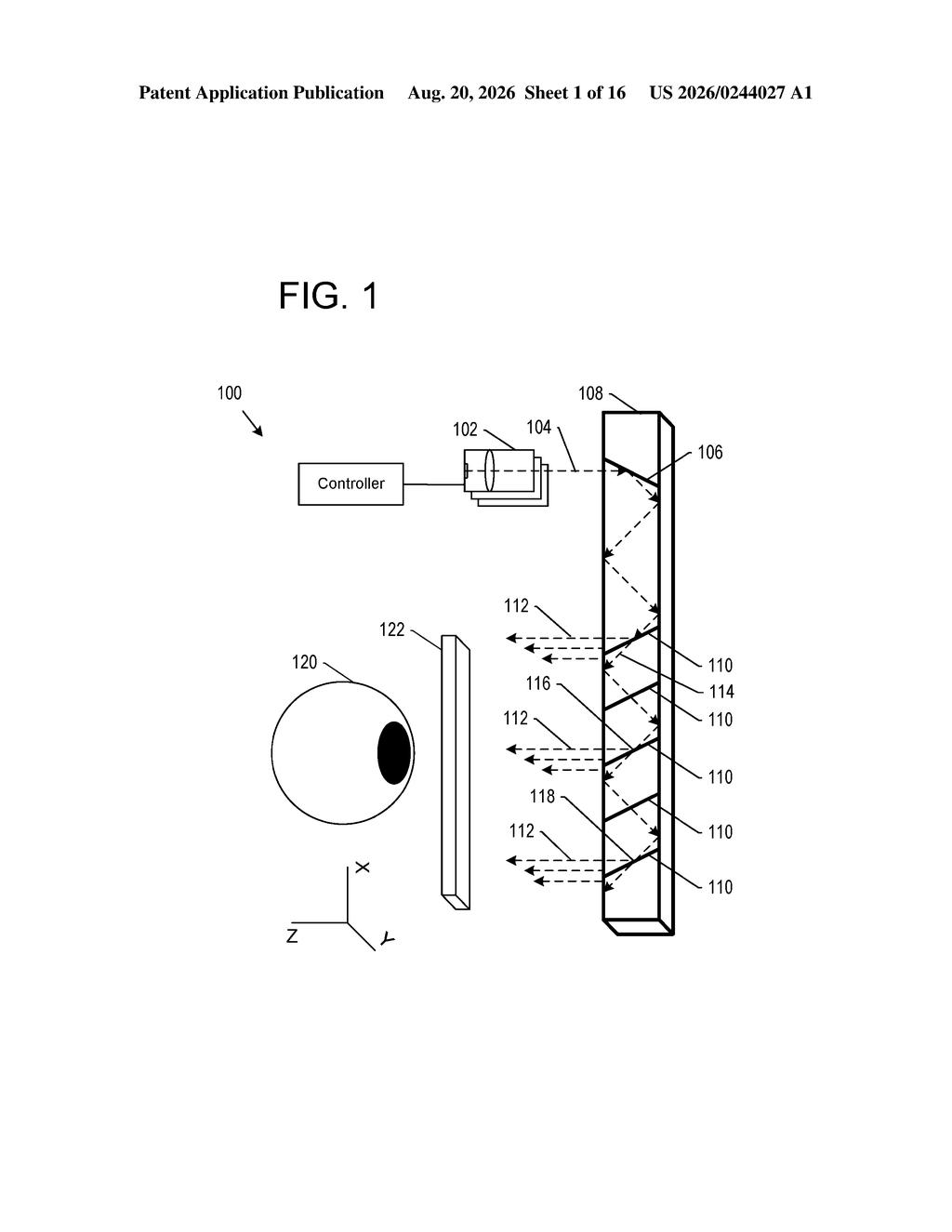 Side-view diagram of a waveguide projecting images toward a user's eye. Drawing from patent filing US 2026/0244027 A1.