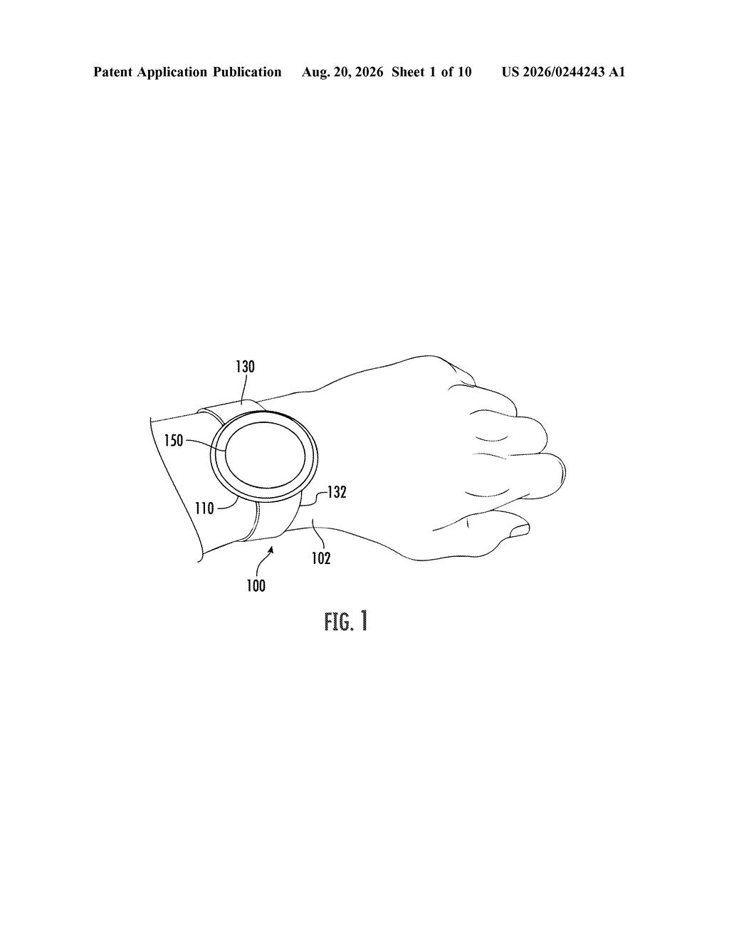 A smartwatch worn on a wrist, featuring a circular display screen and band. Drawing from patent filing US 2026/0244243 A1.