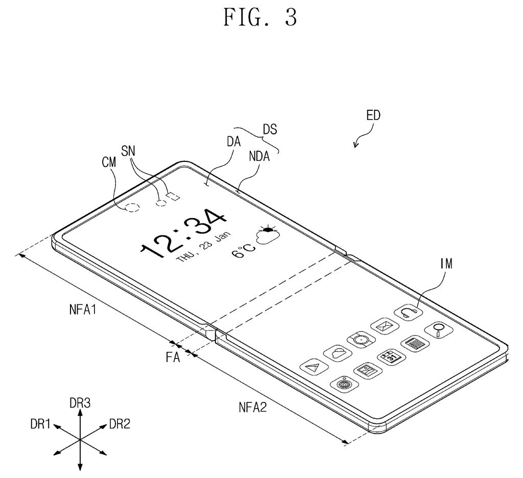 Perspective view of a foldable electronic device displaying a home screen and application icons. Drawing from patent filing US 2026/0244248 A1.