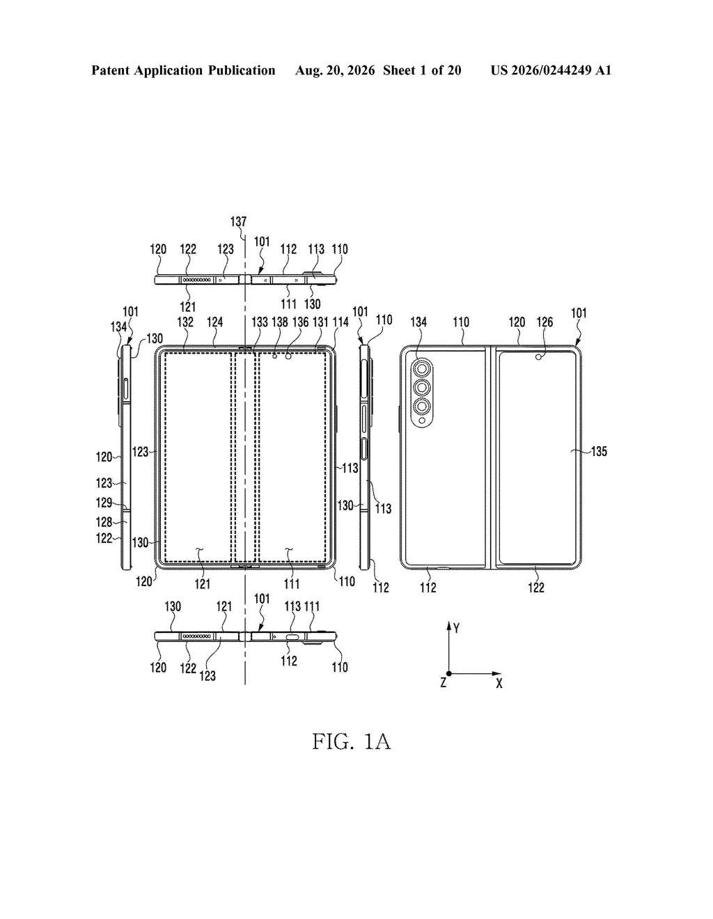 Multiple external views of the foldable smartphone showing its front, back, and side profiles. Drawing from patent filing US 2026/0244249 A1.