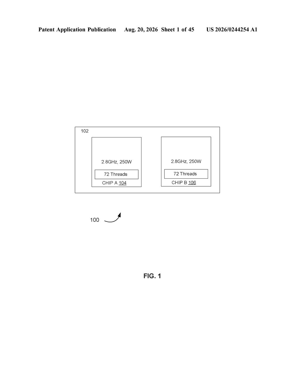 Two identical processor chips housed together, each operating at 2.8 gigahertz with 72 threads and 250 watts of power. Drawing from patent filing US 2026/0244254 A1.