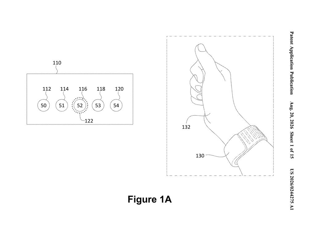 A hand wearing a smart wristband performs a thumb gesture to select interface options. Drawing from patent filing US 2026/0244275 A1.