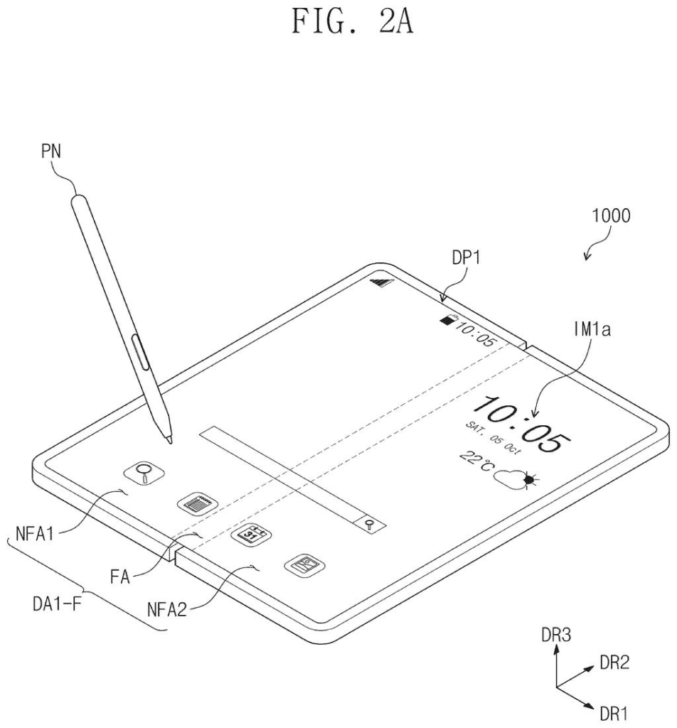 Foldable touchscreen device in use with a stylus. Drawing from patent filing US 2026/0244290 A1.