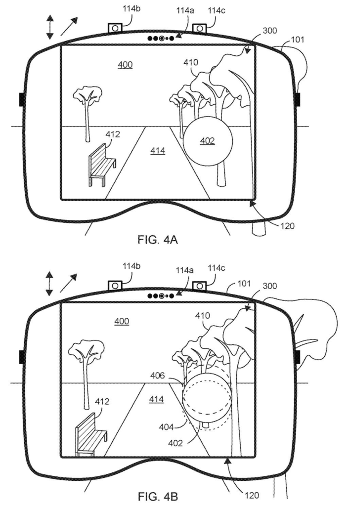 A headset displaying a virtual environment with trees and a path, demonstrating positional adjustment during movement. Drawing from patent filing US 2026/0244307 A1.
