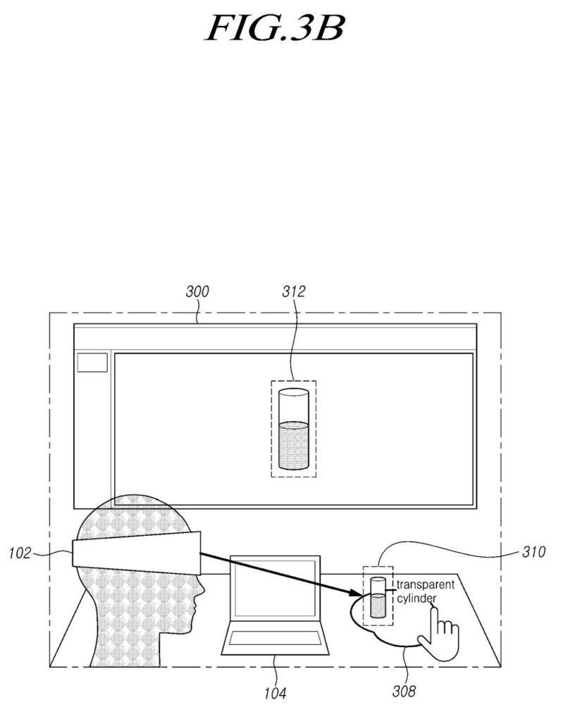 A headset user interacting with physical application controls arranged on a desk. Drawing from patent filing US 2026/0244319 A1.