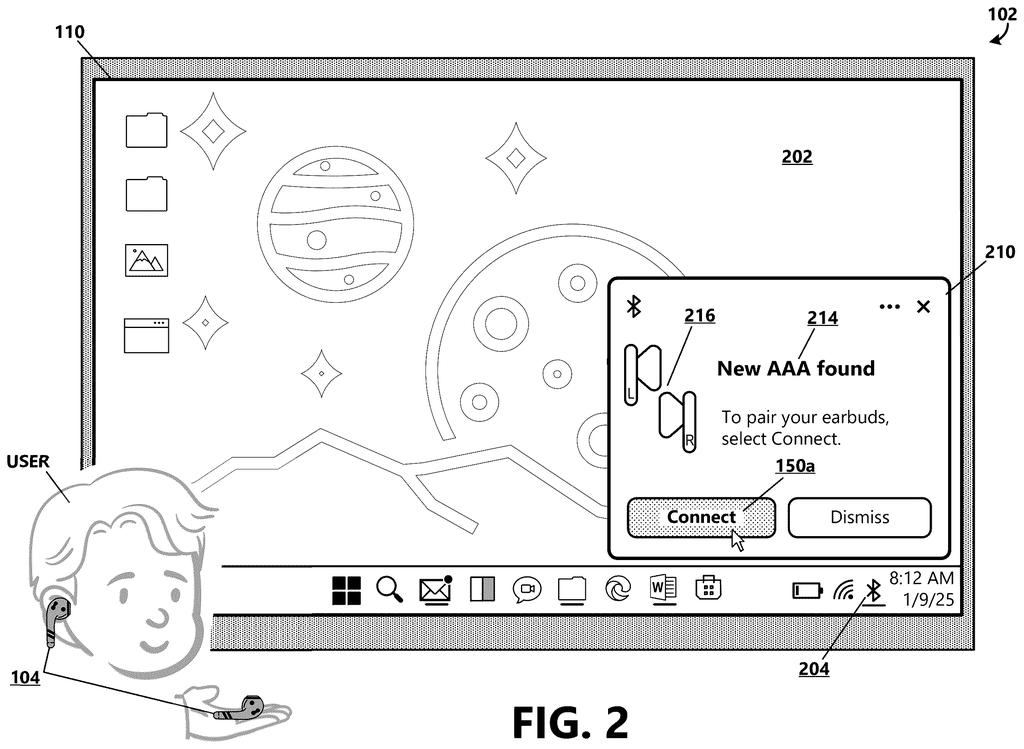 A prompt on a computer screen notifying a user that new wireless earbuds have been found and offering a connect option. Drawing from patent filing US 2026/0244580 A1.
