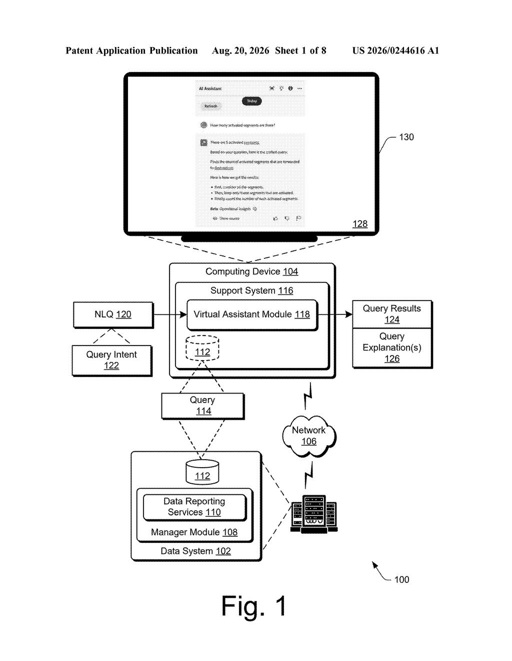An interactive chat interface displaying natural language database queries and automated explanations alongside system architecture. Drawing from patent filing US 2026/0244616 A1.