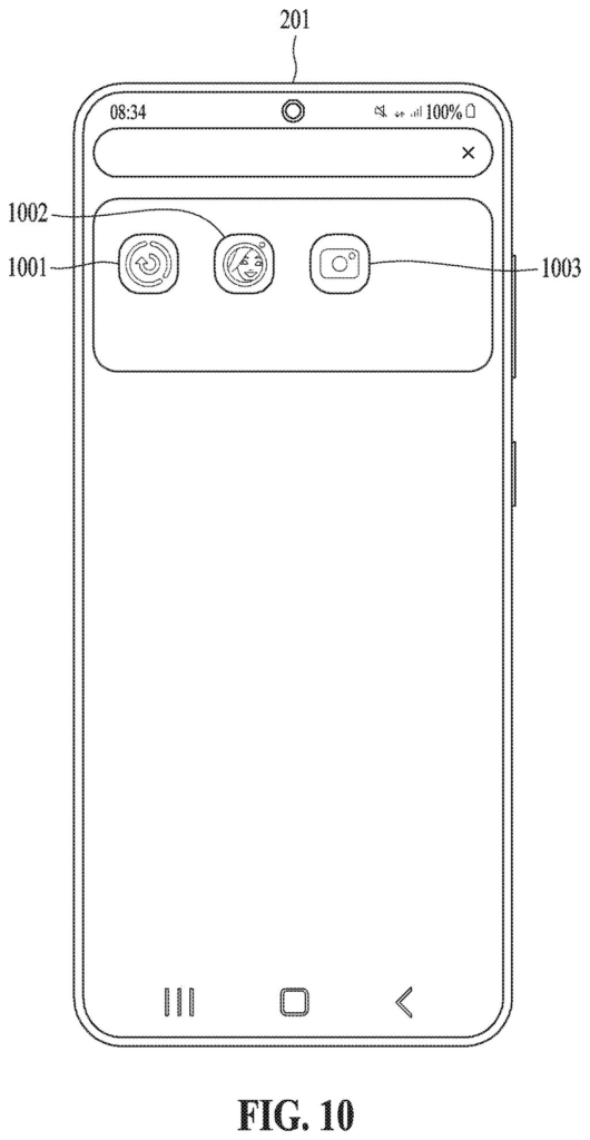 Smartphone displaying search results with app icons. Drawing from patent filing US 2026/0244617 A1.