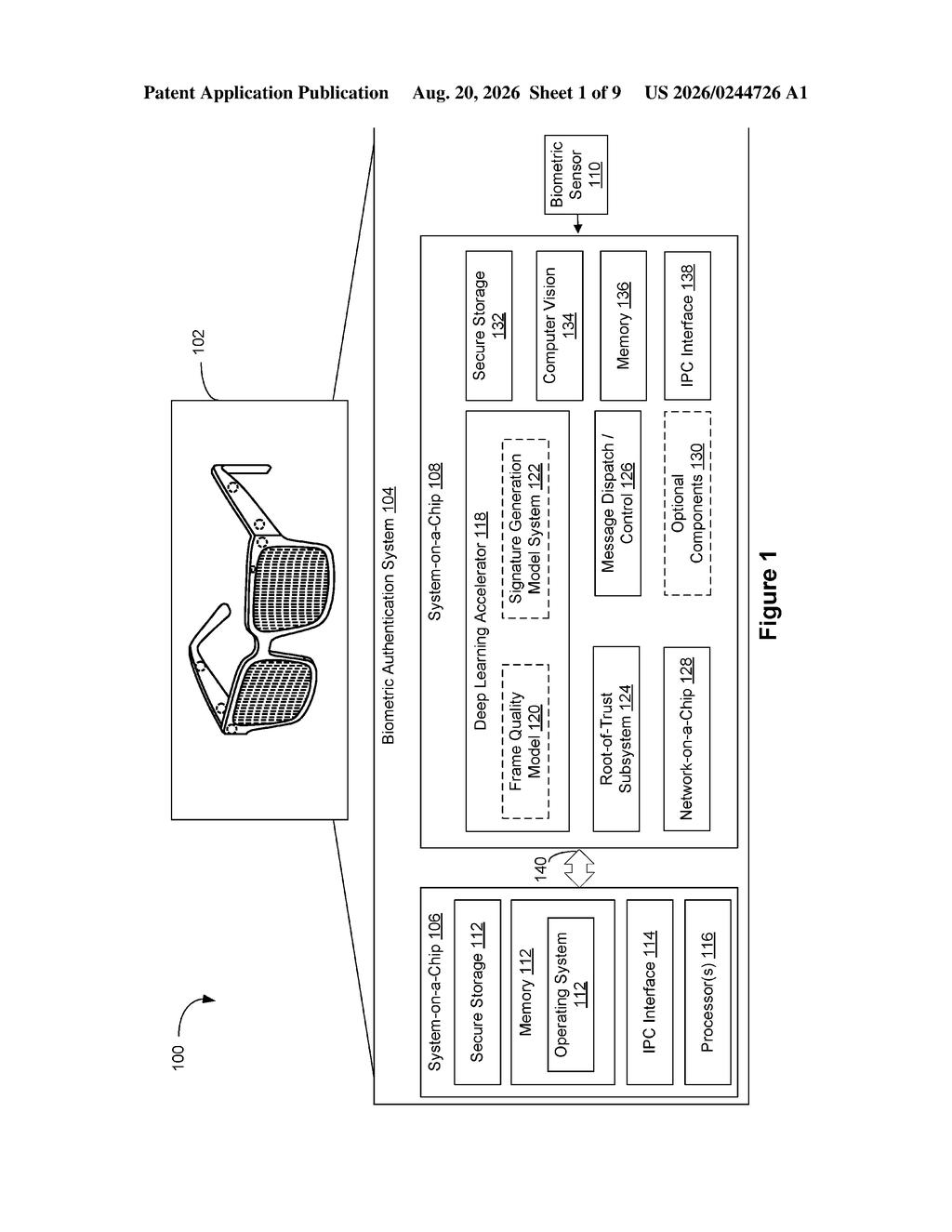 Smart glasses paired with a dedicated security chip architecture for biometric data processing. Drawing from patent filing US 2026/0244726 A1.