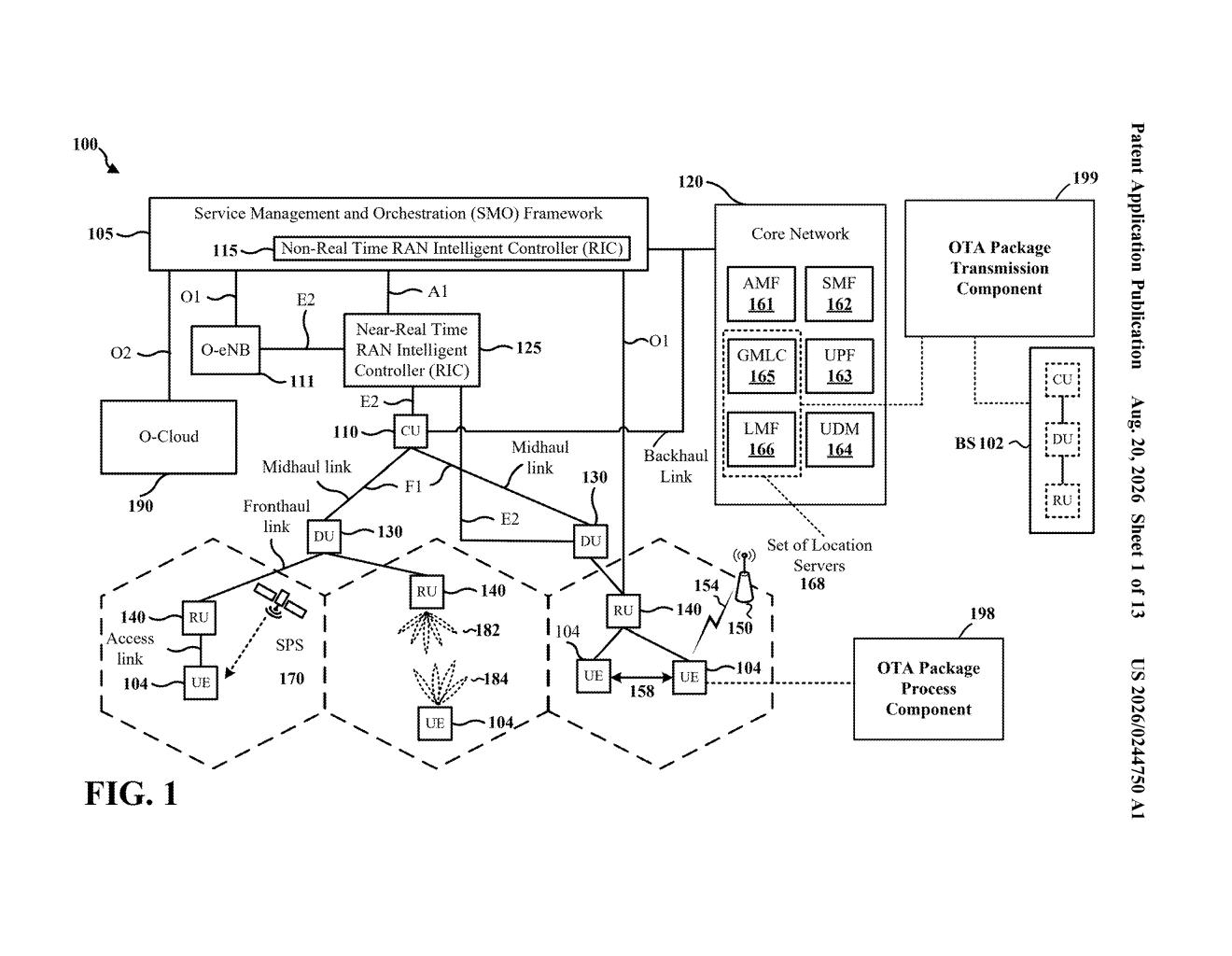 Driver's perspective of a vehicle dashboard displaying camera and radar detection boxes around surrounding traffic and pedestrians. Drawing from patent filing US 2026/0244750 A1.