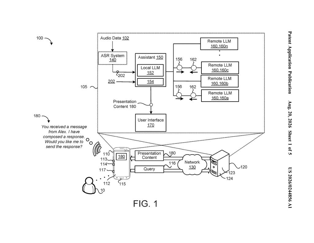 A smartphone interacting with a remote server and displaying an AI-generated assistant message to a user. Drawing from patent filing US 2026/0244856 A1.