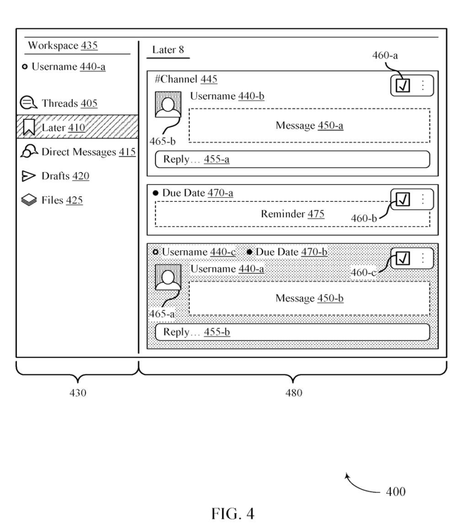 Interface displaying saved messages, reminders, and priority tasks organized within a messaging workspace. Drawing from patent filing US 2026/0244950 A1.