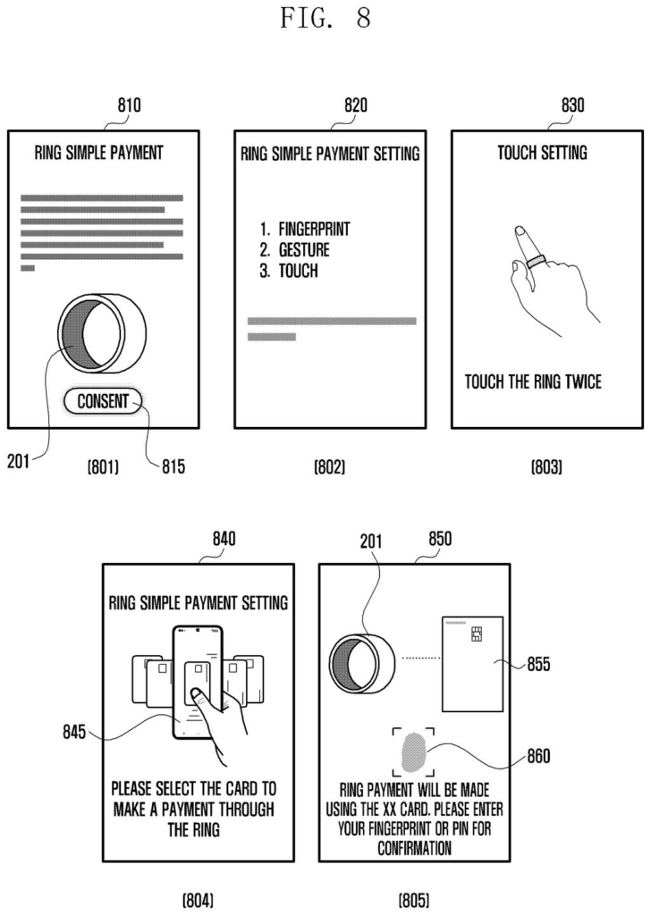 User interface screens displaying setup and payment options for a smart ring. Drawing from patent filing US 2026/0245064 A1.