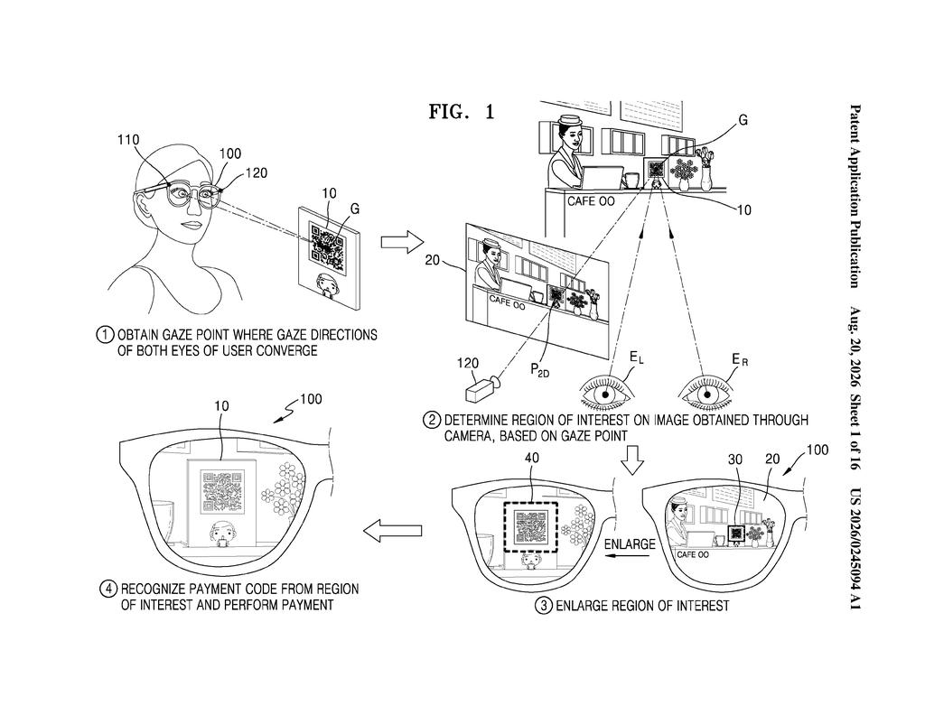 Smart glasses scanning a payment code using eye-tracking technology and magnifying the target area for transaction. Drawing from patent filing US 2026/0245094 A1.