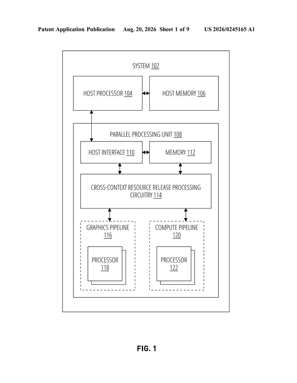 System architecture showing dual processors and cross-context resource release circuitry. Drawing from patent filing US 2026/0245165 A1.