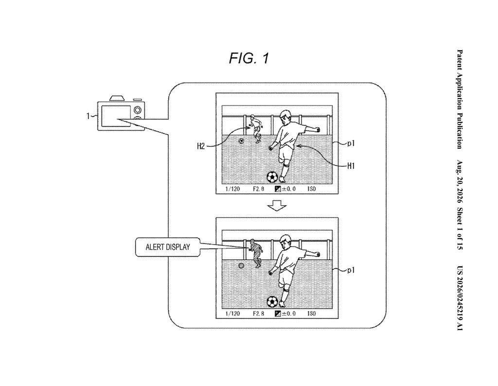 A camera screen displaying an alert box highlighting a moving player on a soccer field. Drawing from patent filing US 2026/0245219 A1.