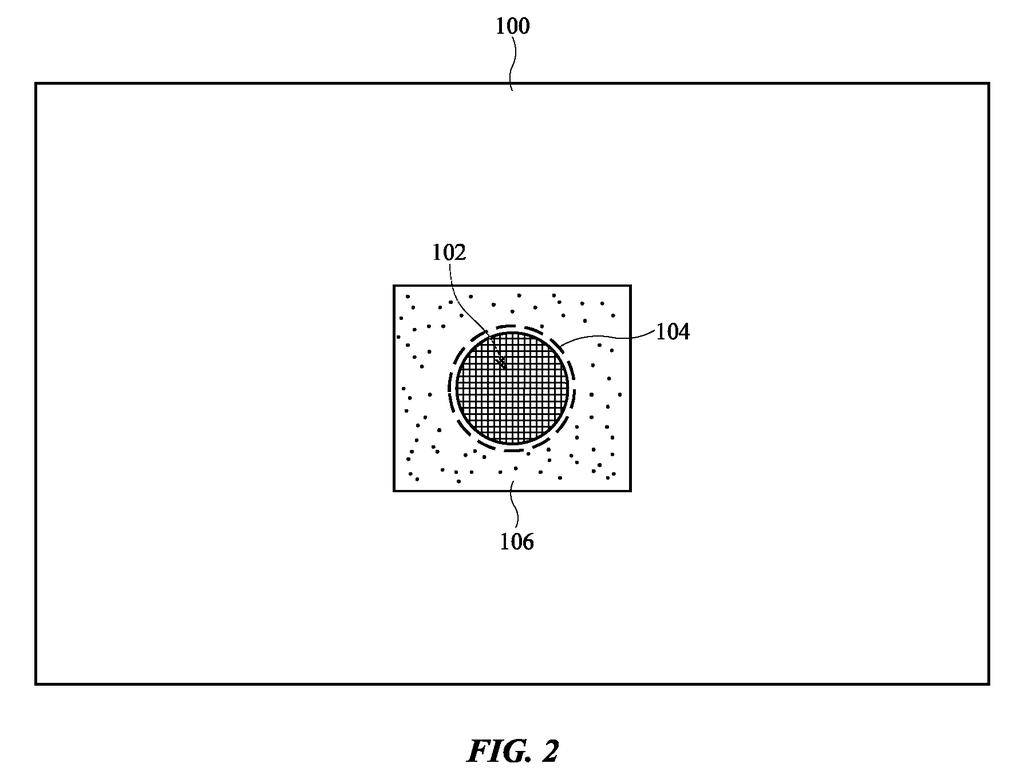 Augmented reality display screen showing a virtual content region overlaid onto a physical background. Drawing from patent filing US 2026/0245267 A1.