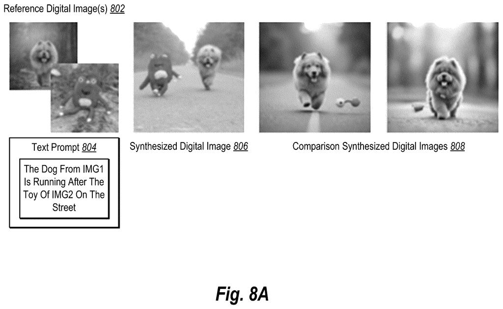 AI-generated image of a dog running down a street after a toy, synthesized by combining elements from two separate reference photos. Drawing from patent filing US 2026/0245272 A1.