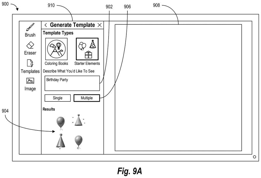 User interface showing theme elements generated from a text prompt. Drawing from patent filing US 2026/0245273 A1.