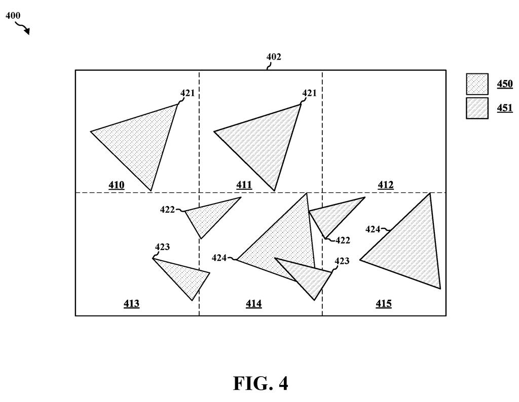 Split-screen view of intersecting geometric shapes partitioned into distinct regions across a display frame. Drawing from patent filing US 2026/0245282 A1.