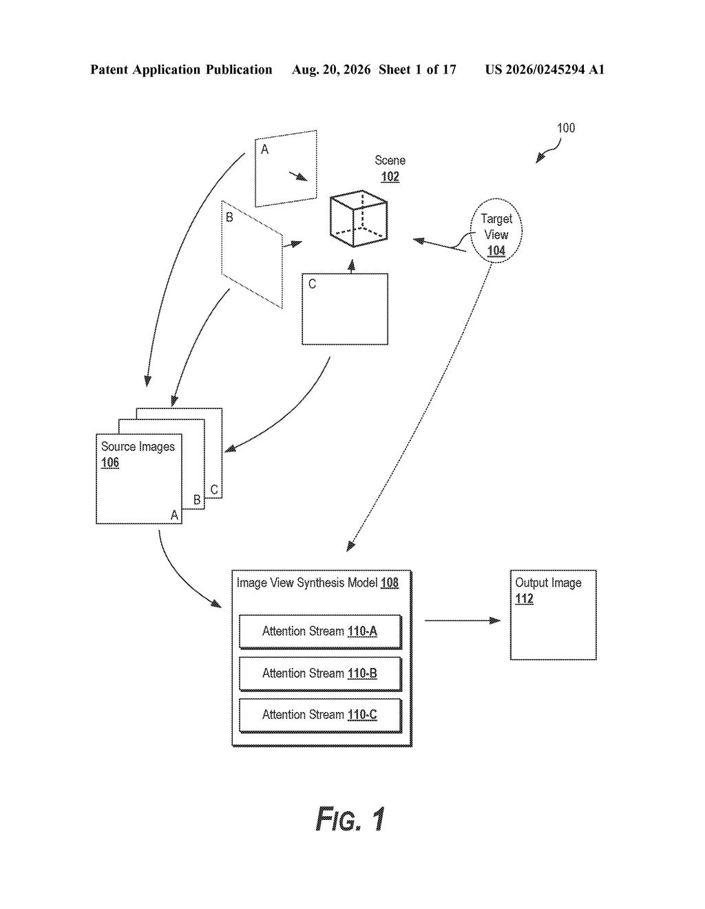 Overview of a system using multiple source photos to reconstruct a scene from a target camera angle. Drawing from patent filing US 2026/0245294 A1.