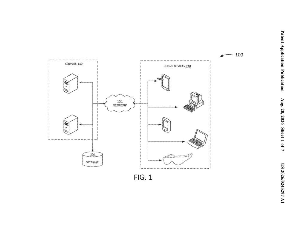 Network of servers and client devices including computers, tablets, and headsets. Drawing from patent filing US 2026/0245297 A1.