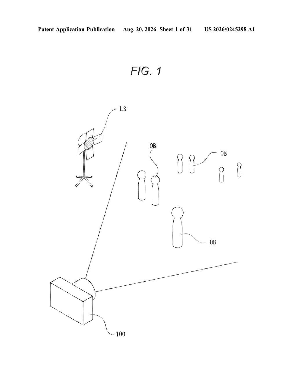 An imaging device capturing a scene with multiple objects illuminated by a studio light source. Drawing from patent filing US 2026/0245298 A1.