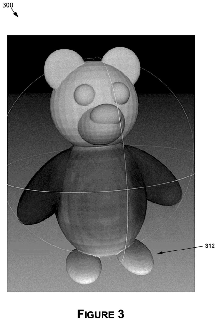 A 3D wireframe bounding a segmented teddy bear model with distinct labeled parts. Drawing from patent filing US 2026/0245300 A1.