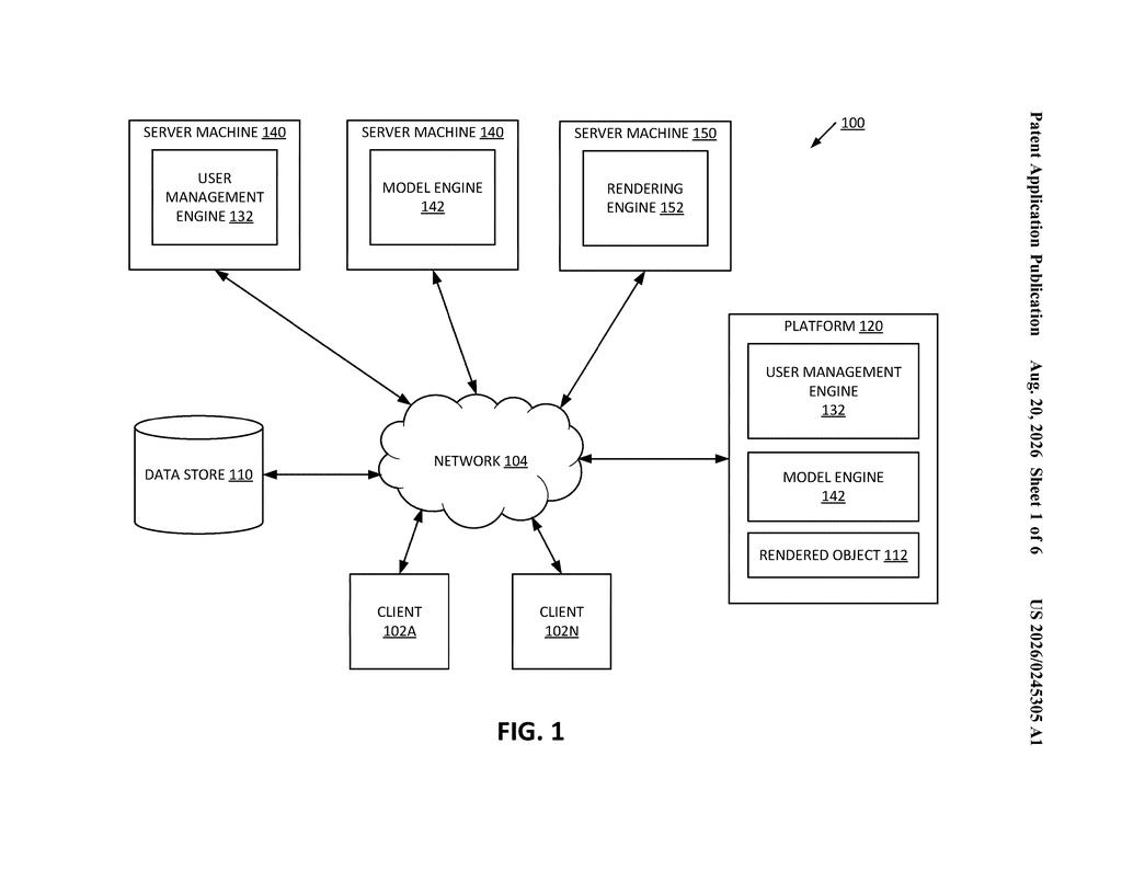 Network architecture connecting server machines, data storage, and client devices to render 3D models. Drawing from patent filing US 2026/0245305 A1.