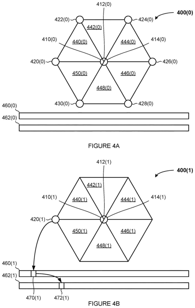 A geometric mesh of triangles mapping vertices to index buffers to build 3D computer graphics. Drawing from patent filing US 2026/0245309 A1.