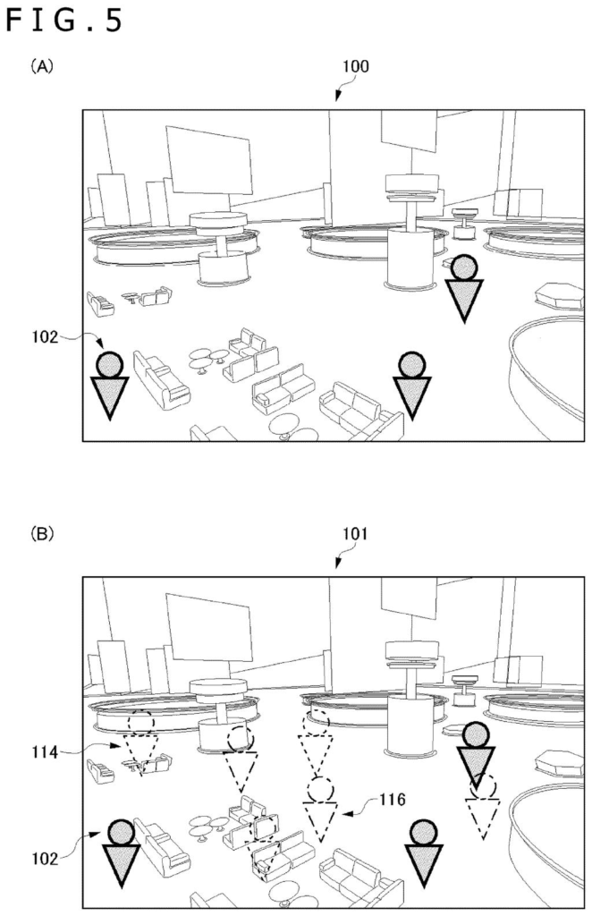 Virtual rooms displaying ghost avatars representing users present in other parallel virtual worlds. Drawing from patent filing US 2026/0245311 A1.