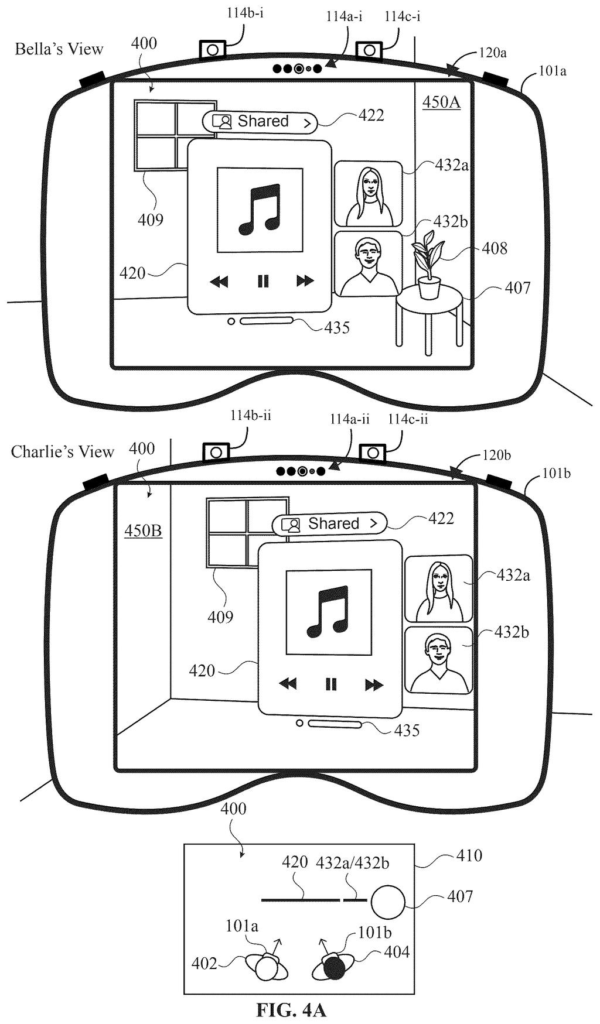 Two headset users viewing a shared virtual space with floating caller windows and media controls. Drawing from patent filing US 2026/0245312 A1.