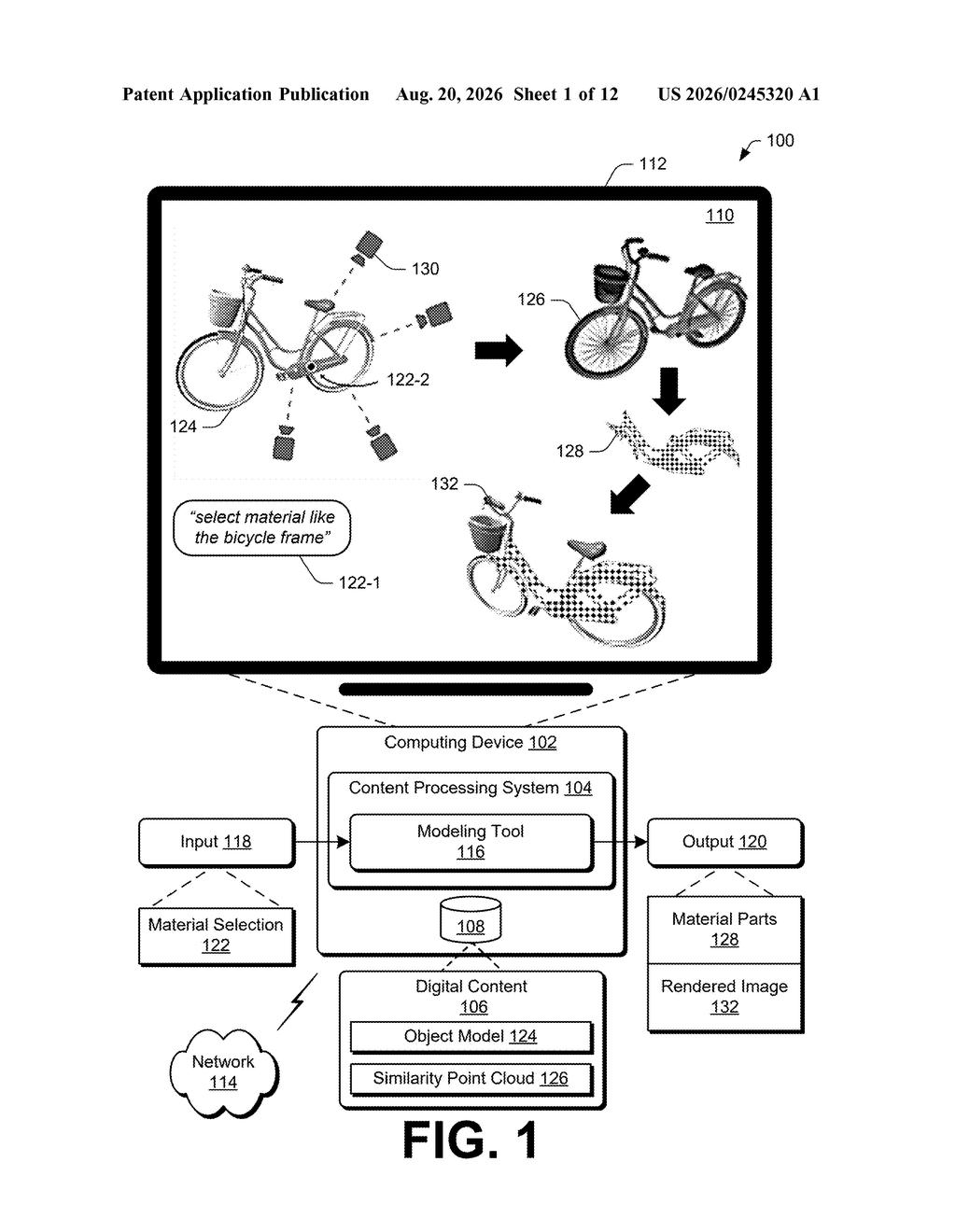 A bicycle model receiving a material selection prompt and generating mapped material parts and a checkered render. Drawing from patent filing US 2026/0245320 A1.