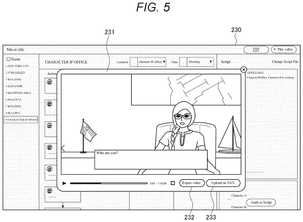 Software interface displaying a generated scene preview video alongside script controls. Drawing from patent filing US 2026/0245323 A1.
