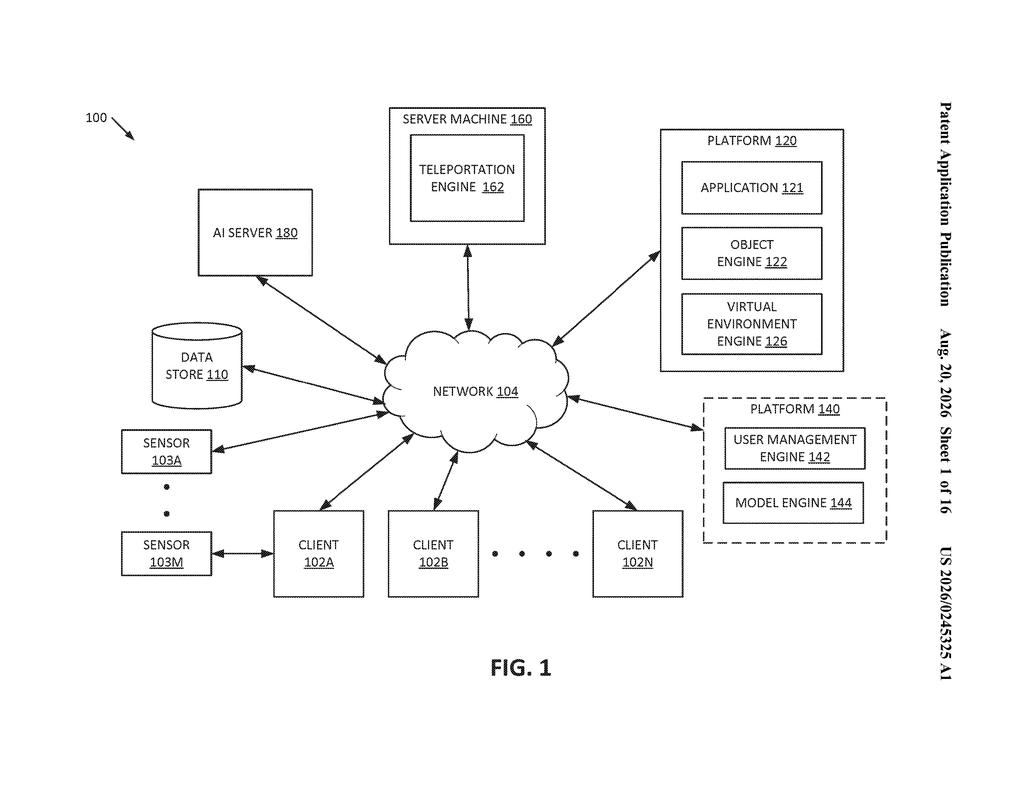 Network architecture connecting client devices and sensors to servers for virtual reality streaming. Drawing from patent filing US 2026/0245325 A1.