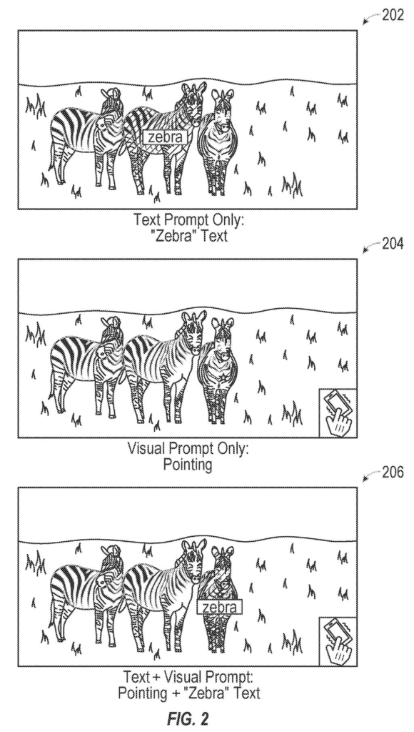 Visual comparison of object isolation in an image using text, pointing cues, or both combined. Drawing from patent filing US 2026/0245334 A1.