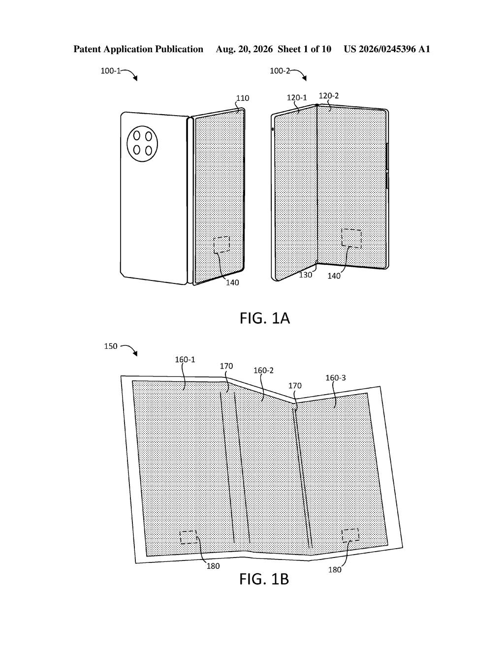 Foldable smartphones displaying fingerprint sensor locations on their screens. Drawing from patent filing US 2026/0245396 A1.