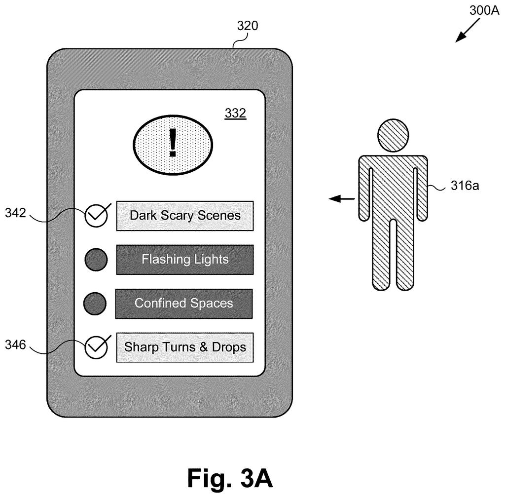 A mobile device displaying a warning and preference checklist to a theme park guest. Drawing from patent filing US 2026/0245439 A1.