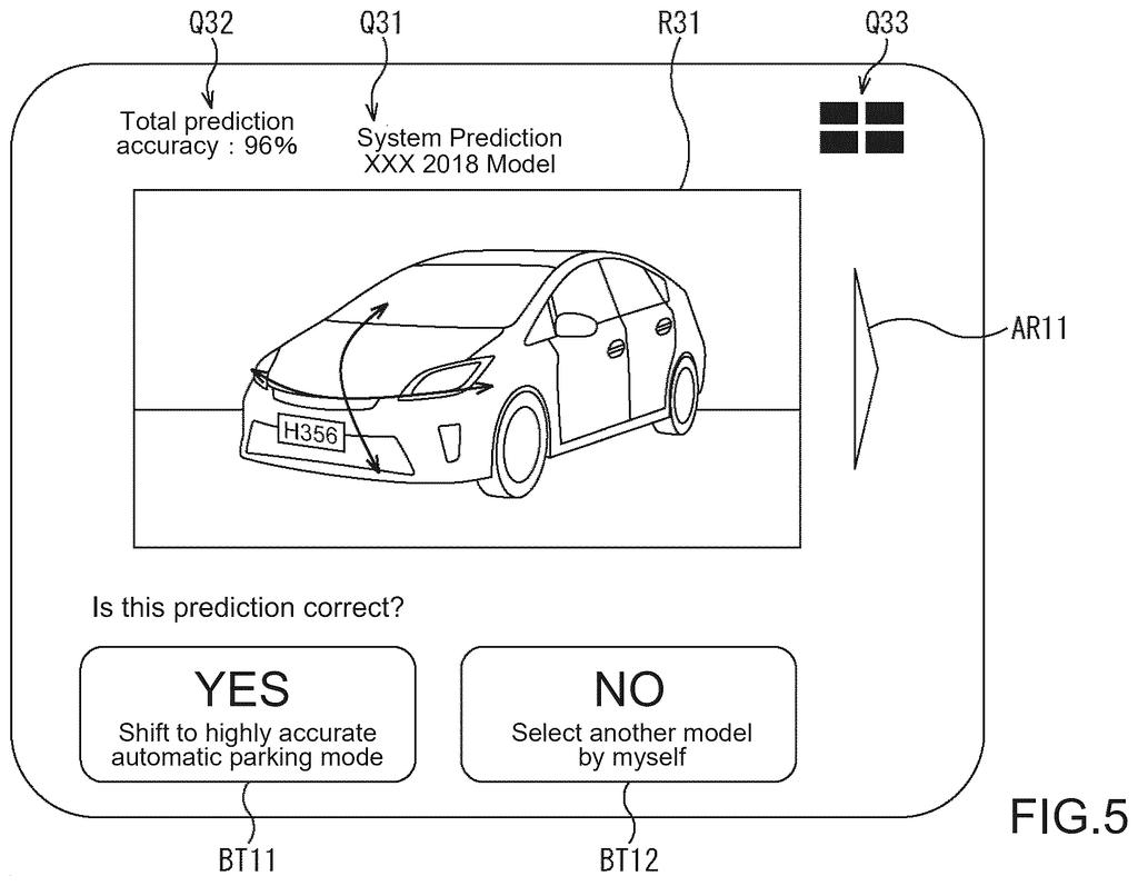 A car's dashboard display showing a predicted vehicle model with confirmation buttons for parking assistance. Drawing from patent filing US 2026/0245462 A1.