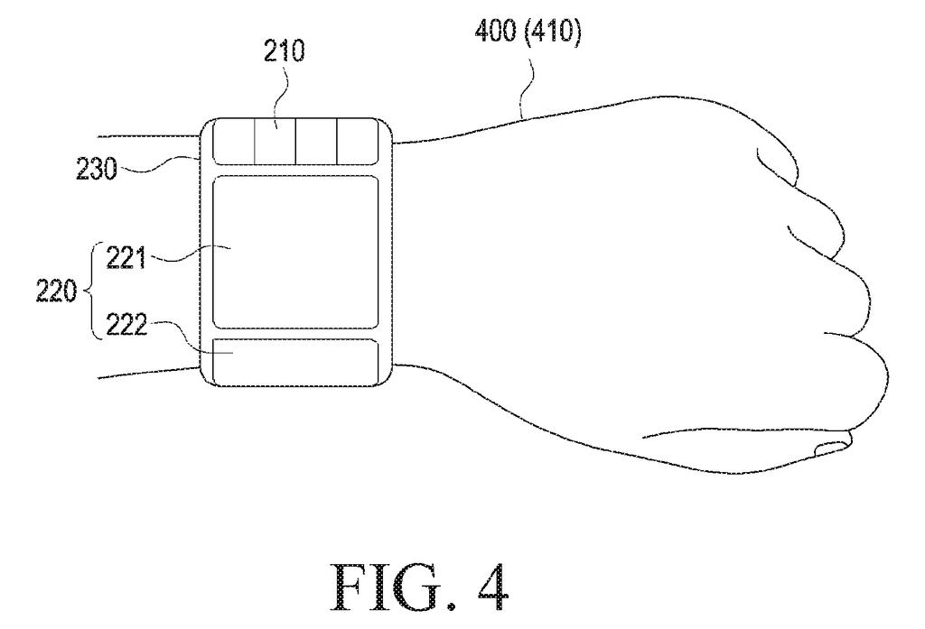 Perspective view of a flexible smartwatch wrapped around a user's wrist, showing the segmented display areas. Drawing from patent filing US 2026/0245488 A1.