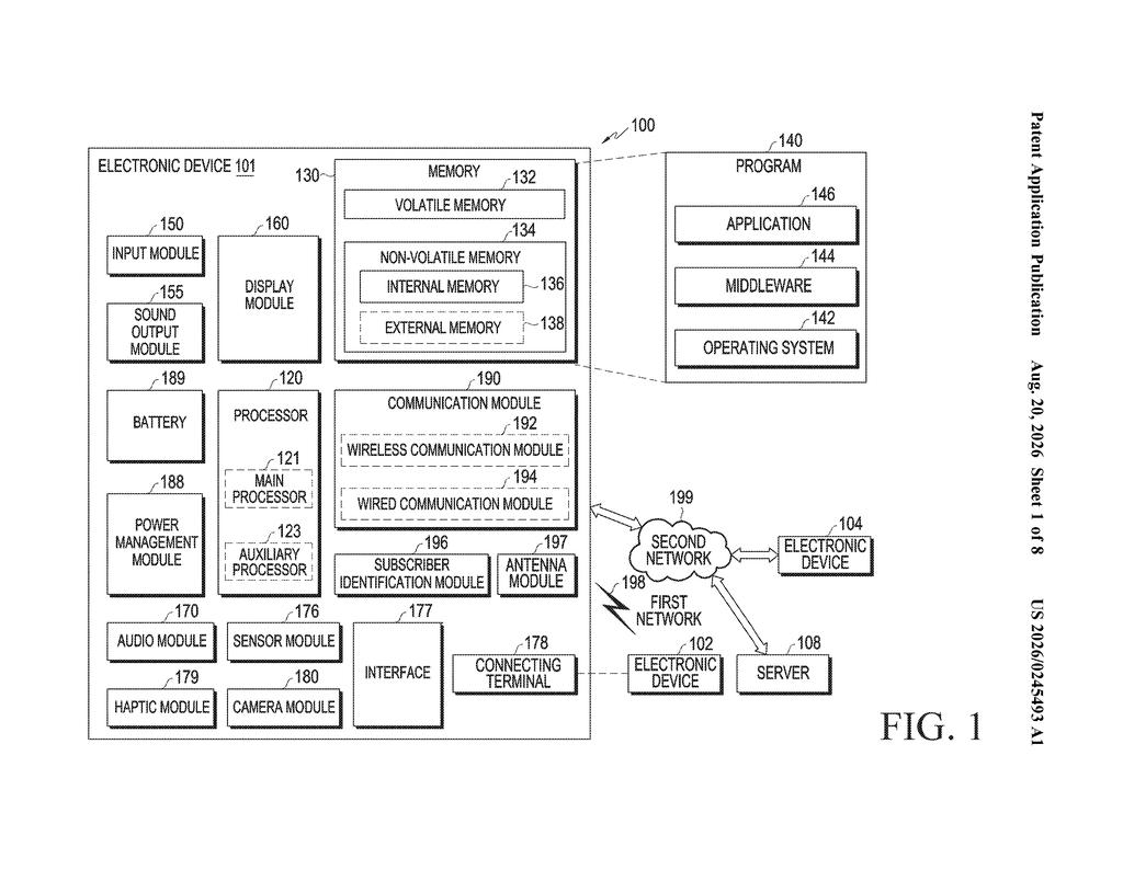 Complete system architecture of an electronic device and connected networks. Drawing from patent filing US 2026/0245493 A1.