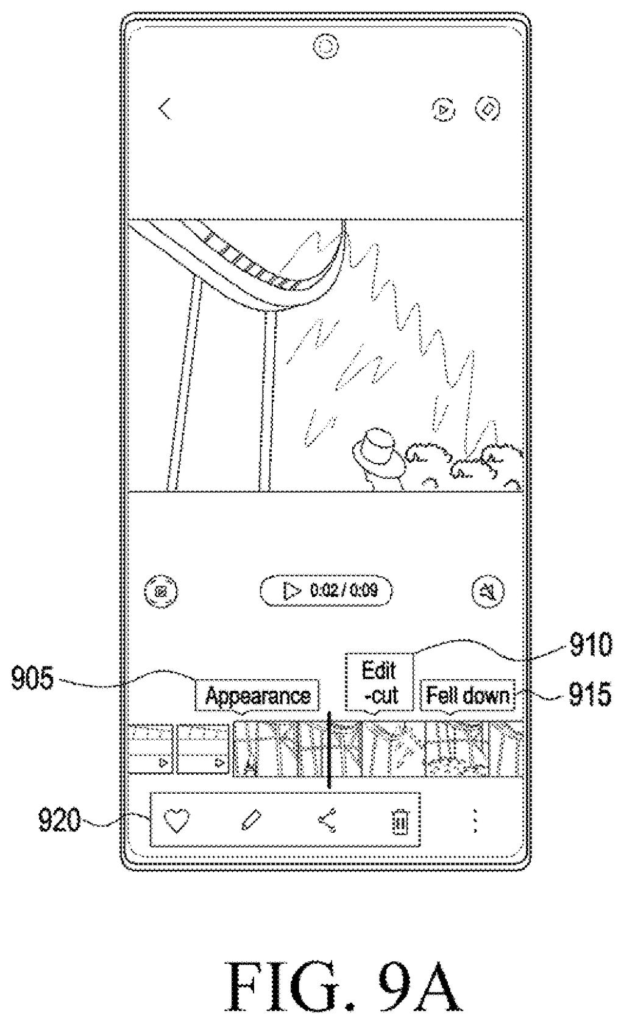 Smartphone interface displaying video playback controls and editing tags. Drawing from patent filing US 2026/0245593 A1.